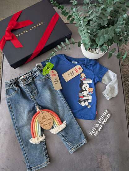 New Levi Baby Denim Pull Up Jeans + T Shirt Outfit Set Gift Smart Casual 6-9m