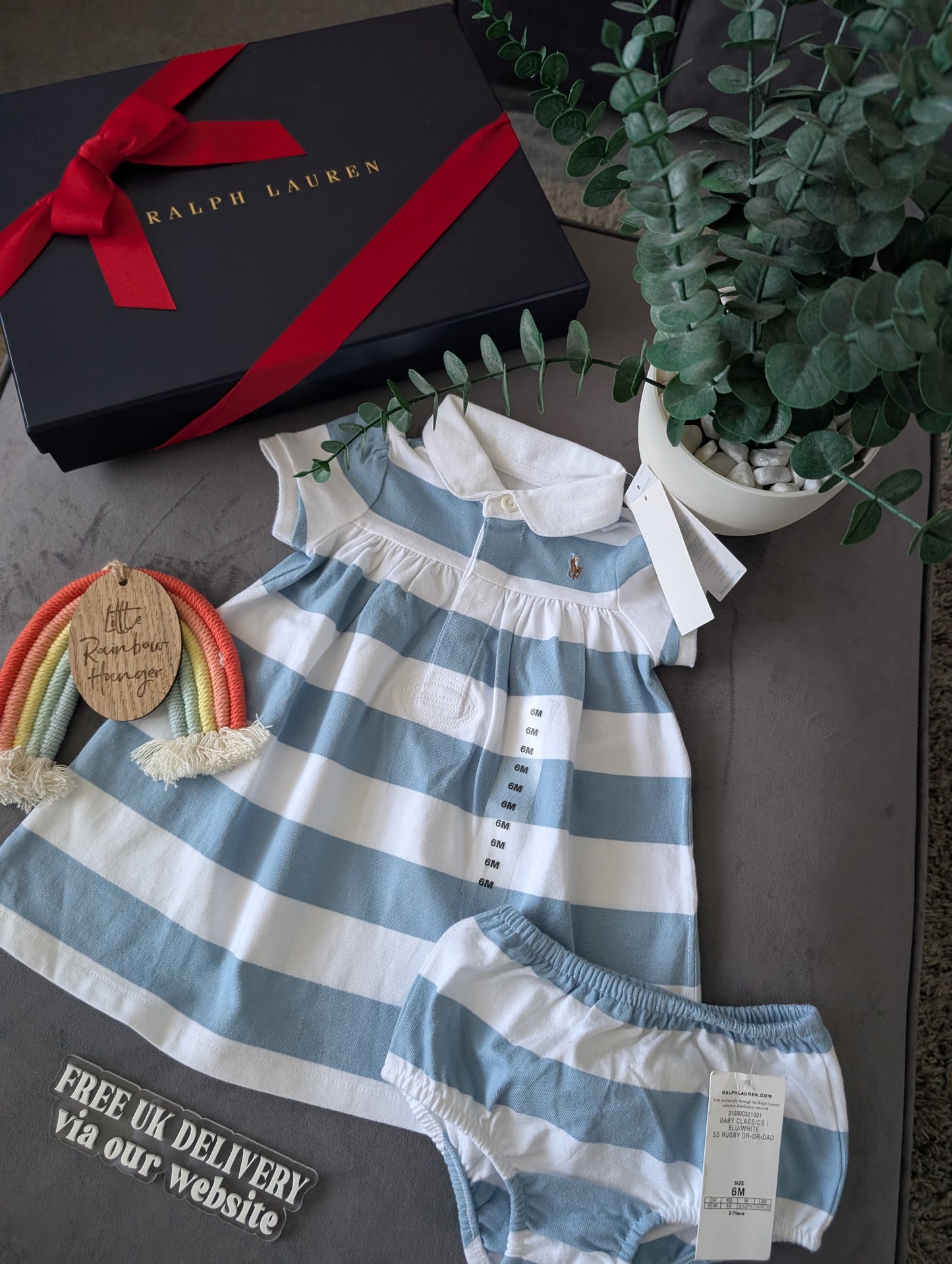 New Stunning Ralph Lauren Baby Girls Blue Cute  Stripe Dress + Bloomer 3-6m Gift