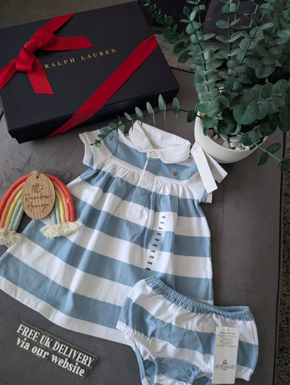 New Stunning Ralph Lauren Baby Girls Blue Cute  Stripe Dress + Bloomer 3-6m Gift