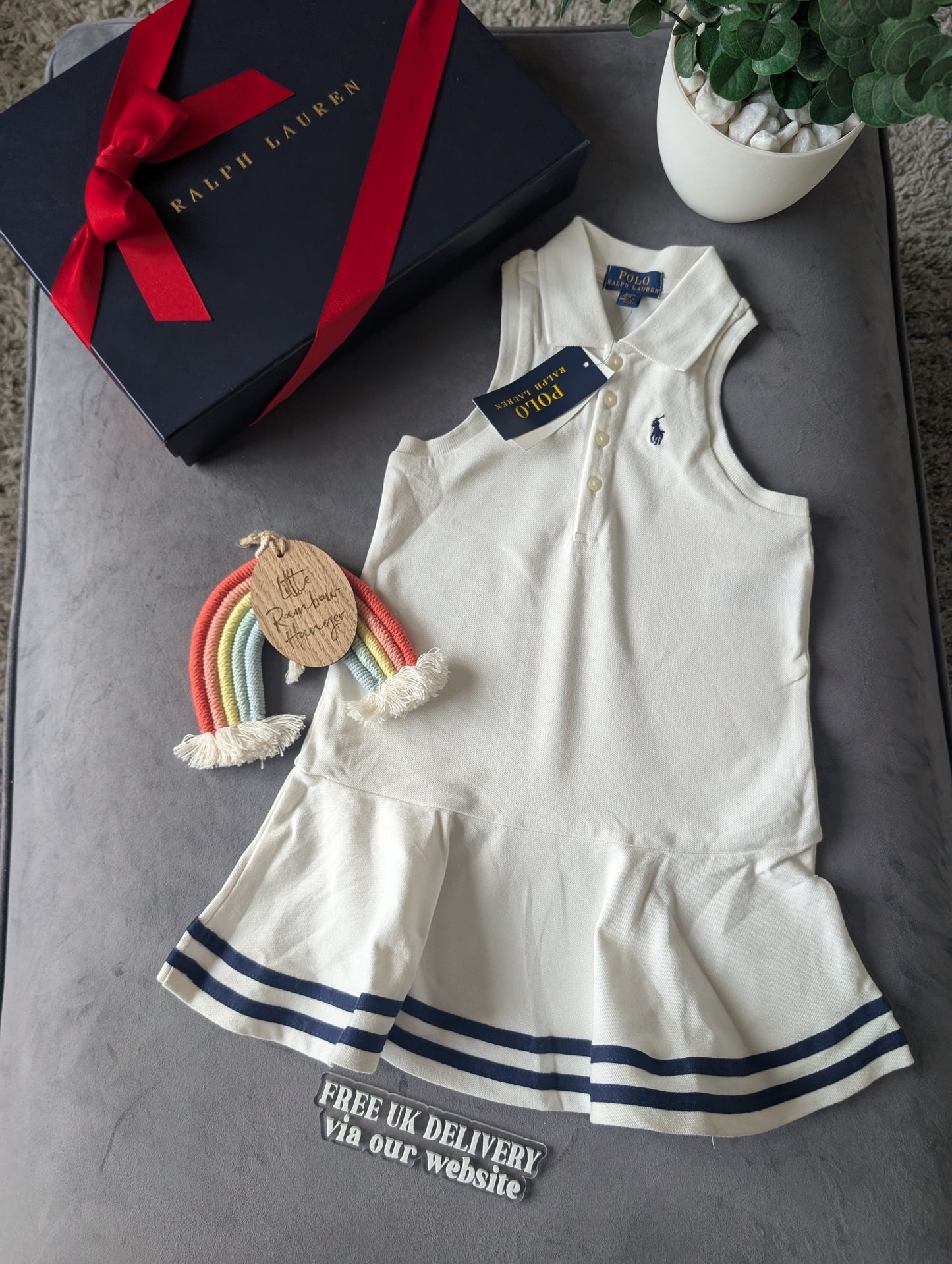 New Ralph Lauren Girls White Navy Stripe Polo Frill Sleeveless Dress Gift Age 4