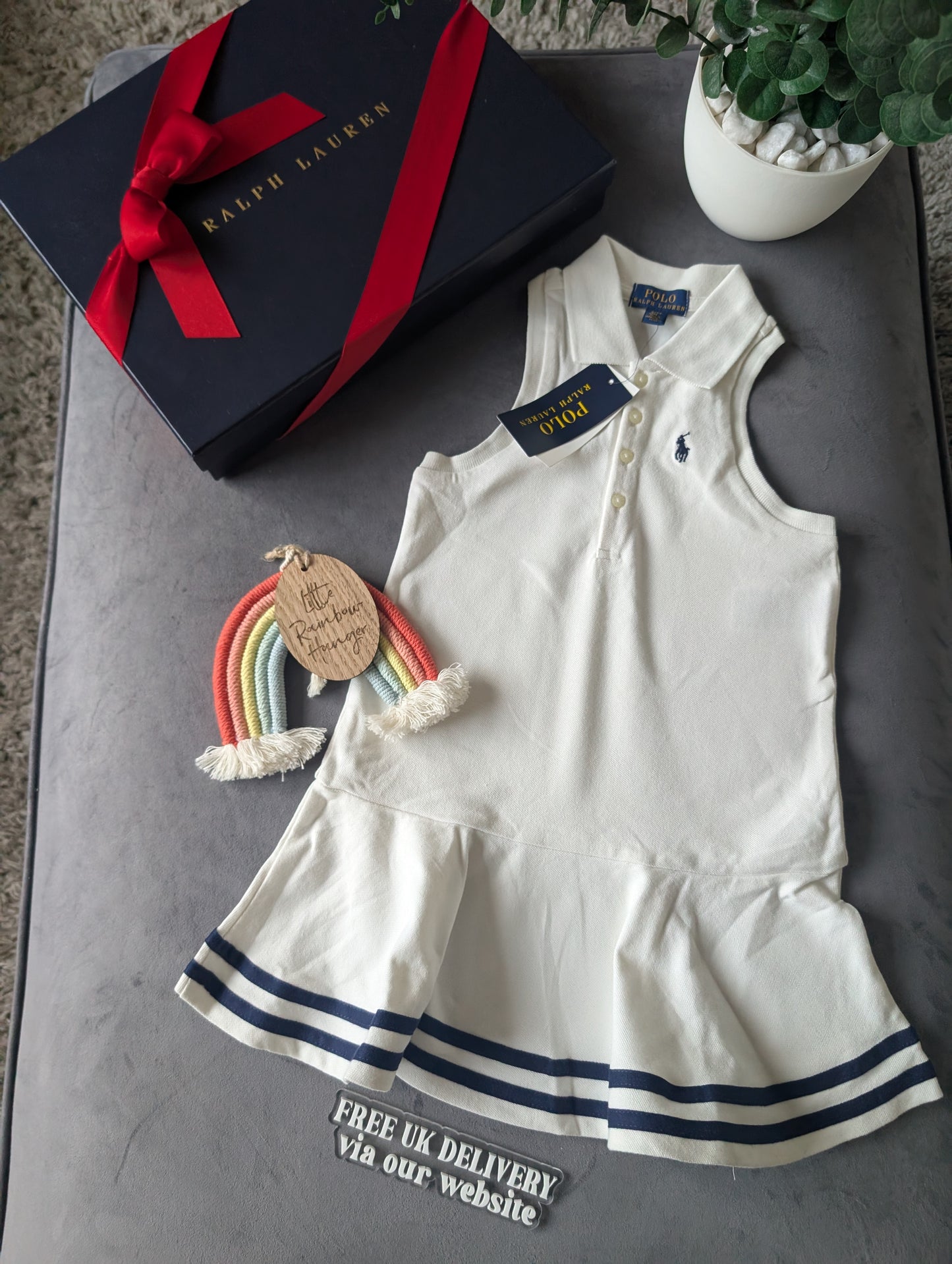 New Ralph Lauren Girls White Navy Stripe Polo Frill Sleeveless Dress Gift Age 4