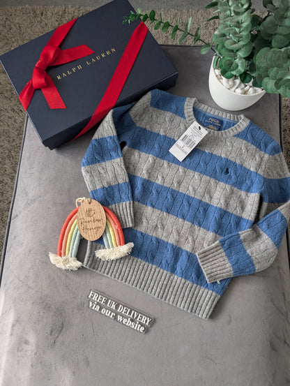 New Boys Ralph Lauren Blue Grey Stripe Cable knit jumper Cashmere Blend 5-6yr