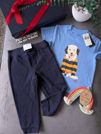 New Ralph Lauren Boys Gorgeous Joggers + Blue Dog T Shirt Outfit Set Smart 2yrs