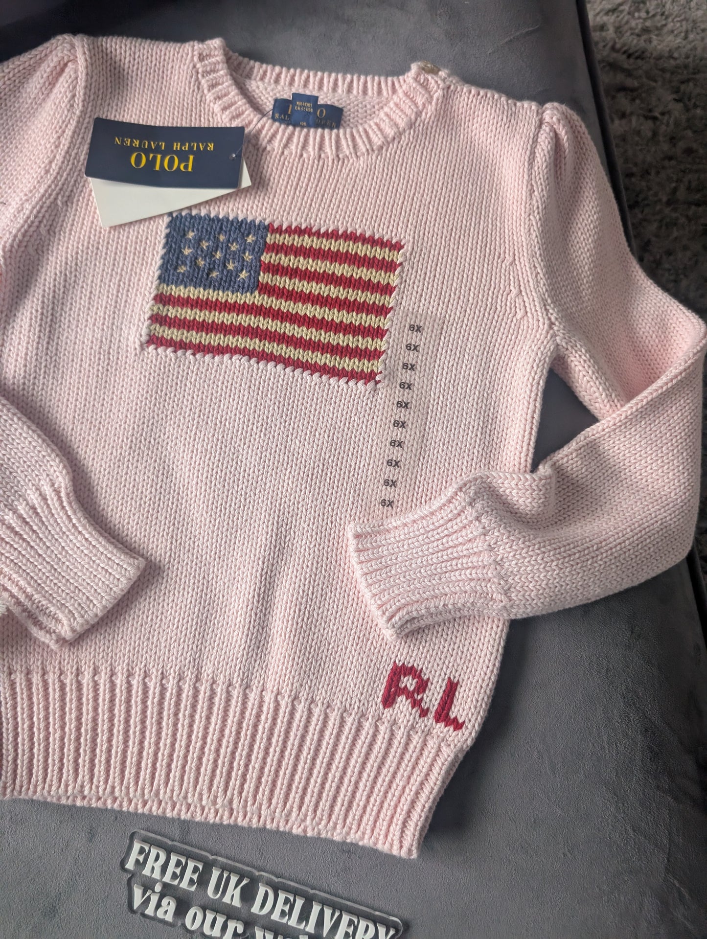 new gift boxed Polo Ralph Lauren baby pink American flag jumper autumn girls age 6 gift