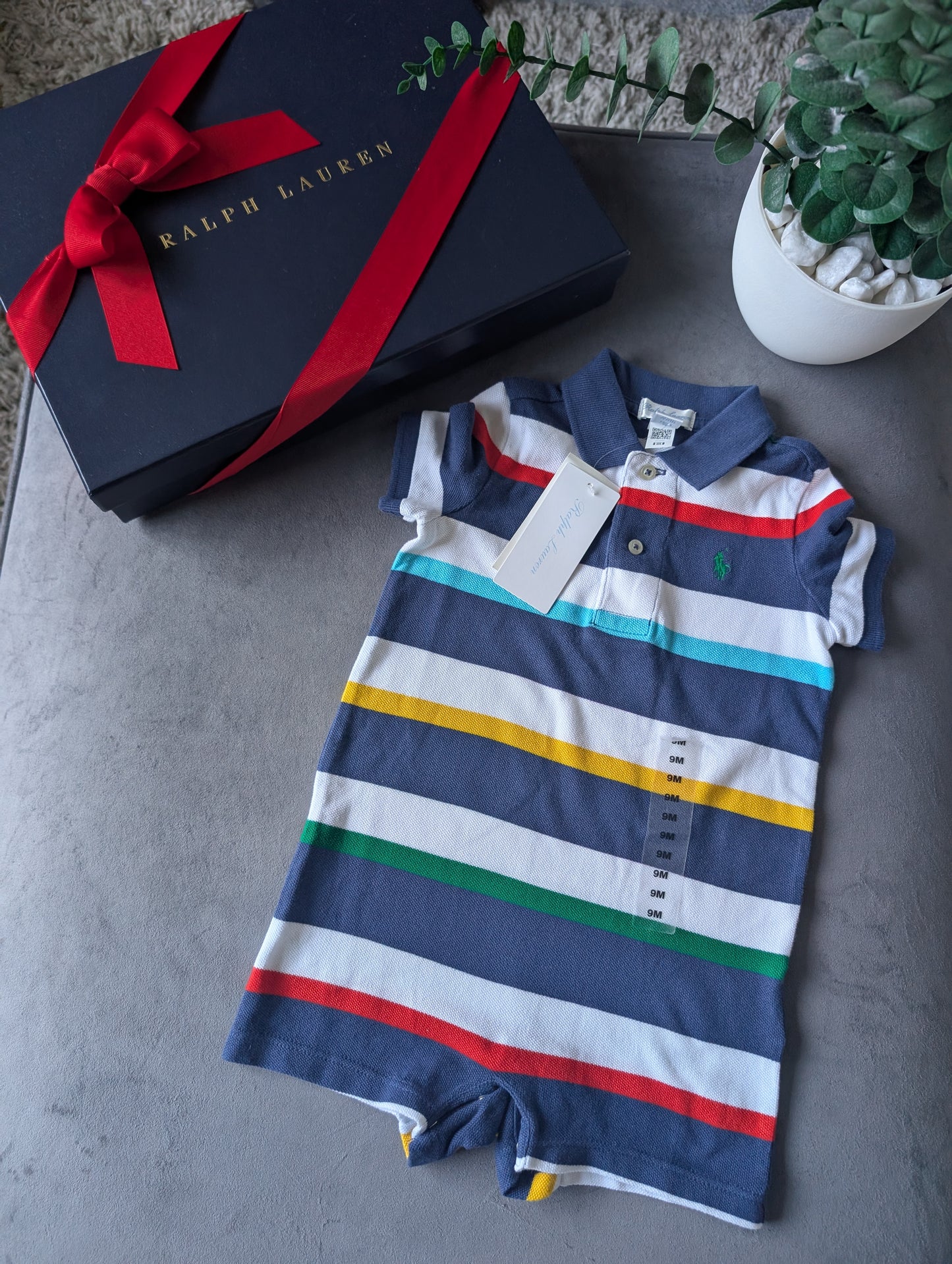 New Ralph Lauren Baby Boy Navy Blue Stripe Romper 6-9m Gift Cute Baby Summer