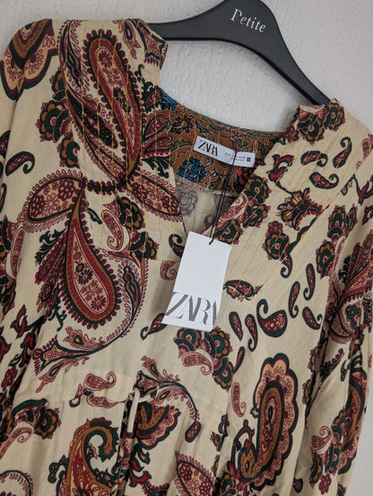 New ZARA MULTICOLOURED COTTON PAISLEY  V NECK SHORT DRESS Sz S BNWT £59.99🌻