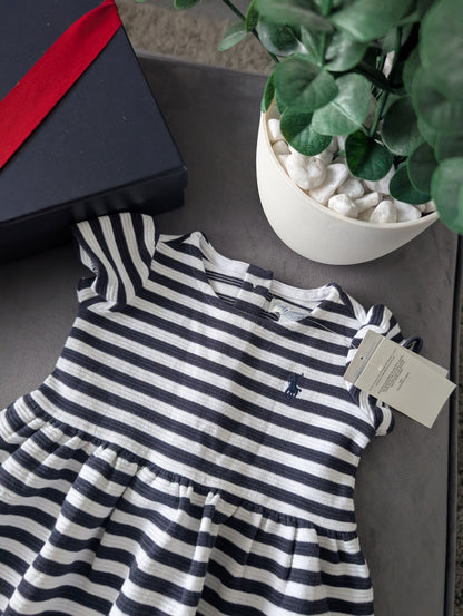 new polo Ralph Lauren French Navy/White Stripe dress Girls Age 0-3M ribbed smart