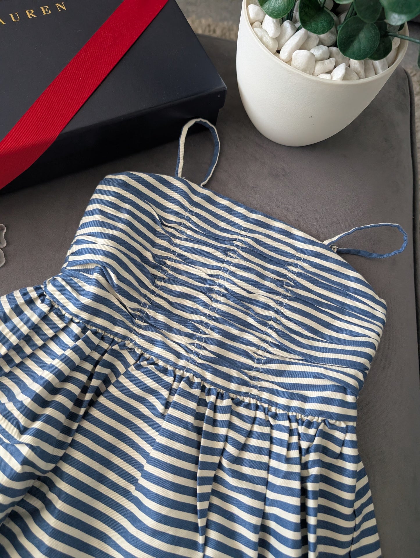 New Ralph Lauren Girls White Navy Stripe Polo Frill Stripe Strappy  Dress 5yr