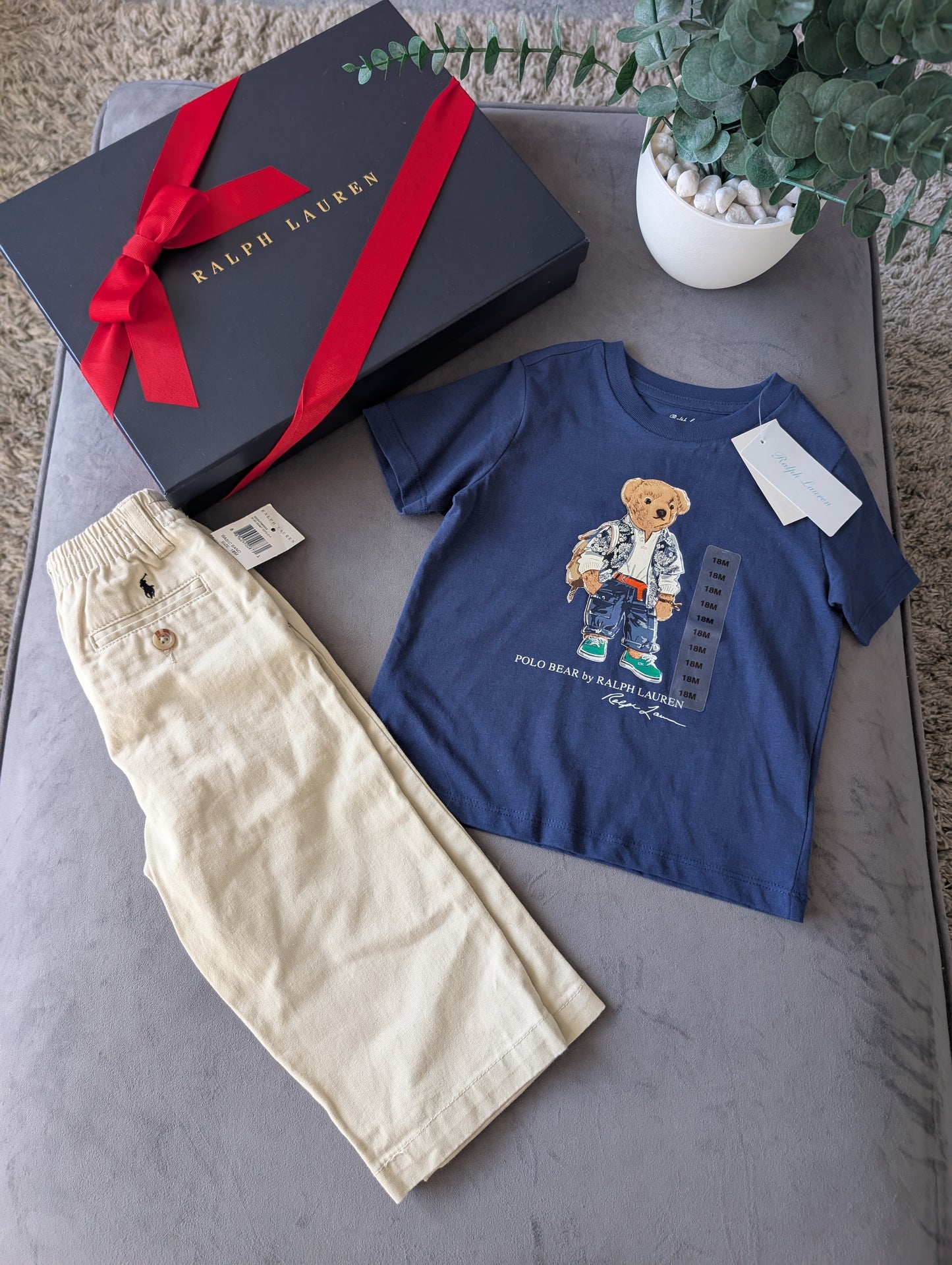 New Polo Ralph Lauren Cute Bear Navy Polo Bear  T-Shirt + Chino Outfit 18m Gift