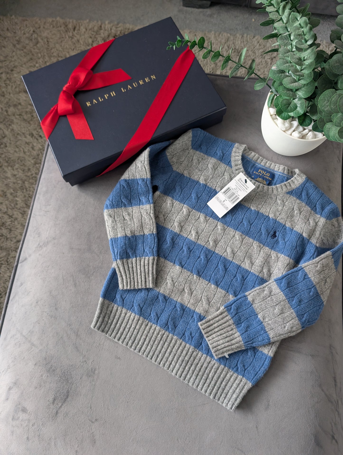 New Boys Ralph Lauren Blue Grey Stripe Cable knit jumper Cashmere Blend 5-6yr