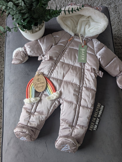 Ted Baker Silver Padded Ruffle Trim Snowsuit & Mittens Set Age 3-6mths BNWT £54