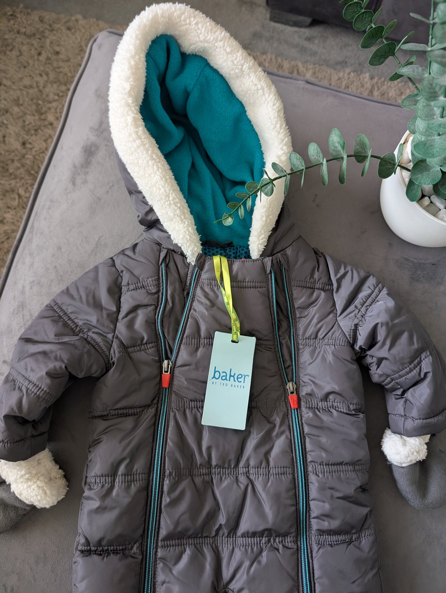 New Baby Boy Ted Baker Snowsuit All In One Suit 3-6 Months Grey Faux Fur Fleece