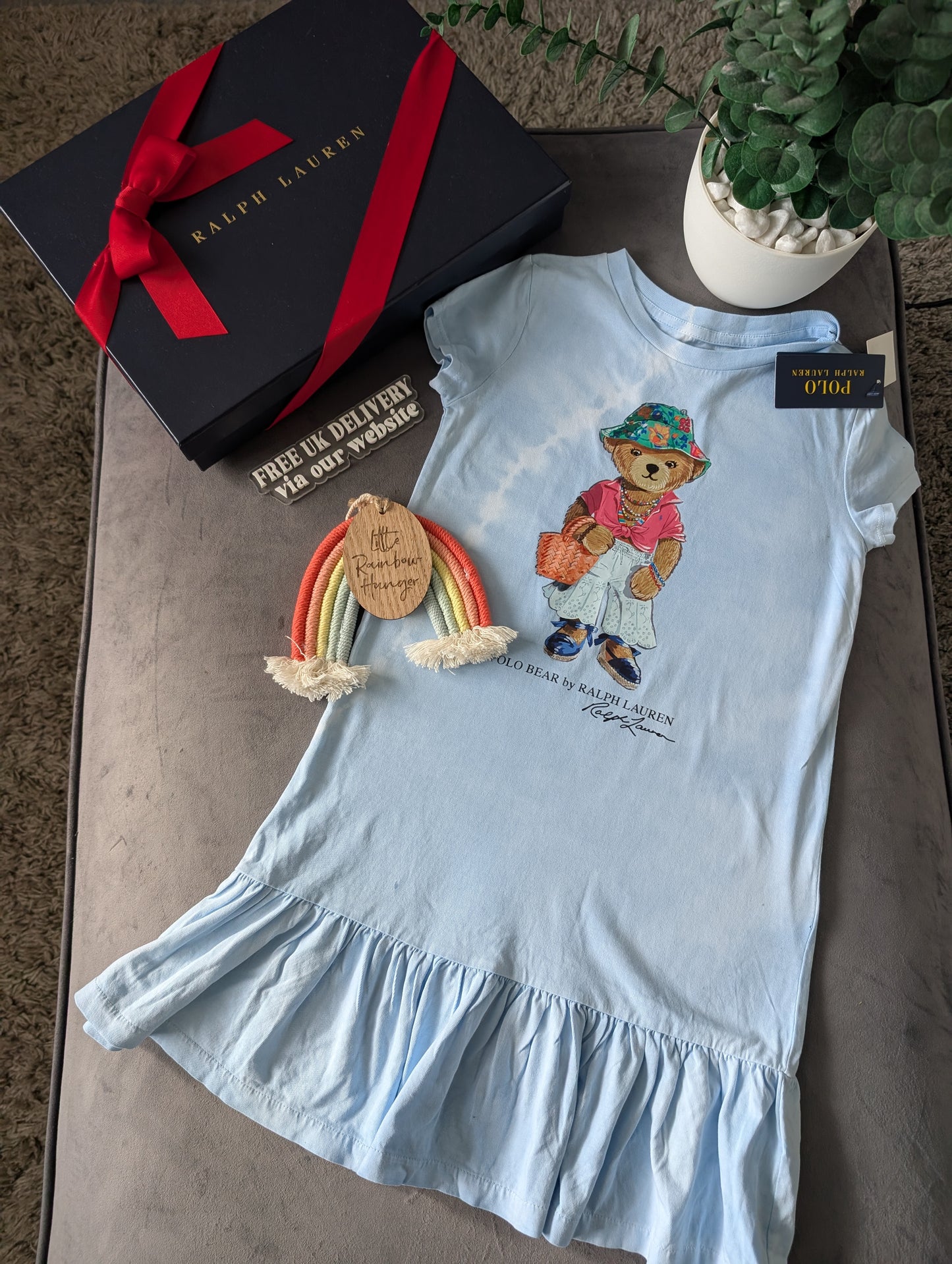 New Gorgeous Ralph Lauren Girls Blue Light  Dress 6-7y Gift Summer Bear Pretty