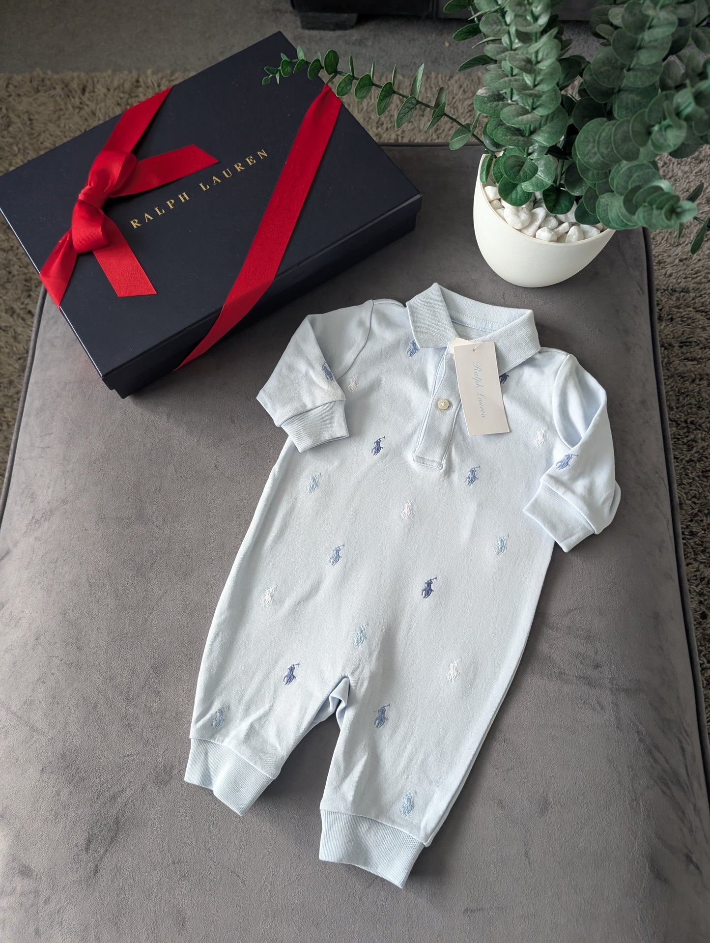 New Ralph Lauren Baby Babygrow All In One 0-3m Blue Polo All Over RL Print Gift