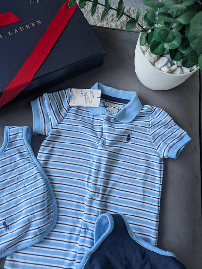 New Ralph Lauren Baby Boy Navy Blue Stripe Romper 6-9m Gift Cute Baby + 2 x Bibs