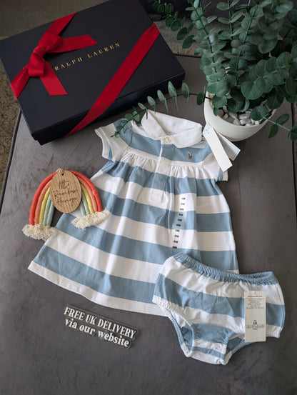 New Stunning Ralph Lauren Baby Girls Blue Cute  Stripe Dress + Bloomer 3-6m Gift