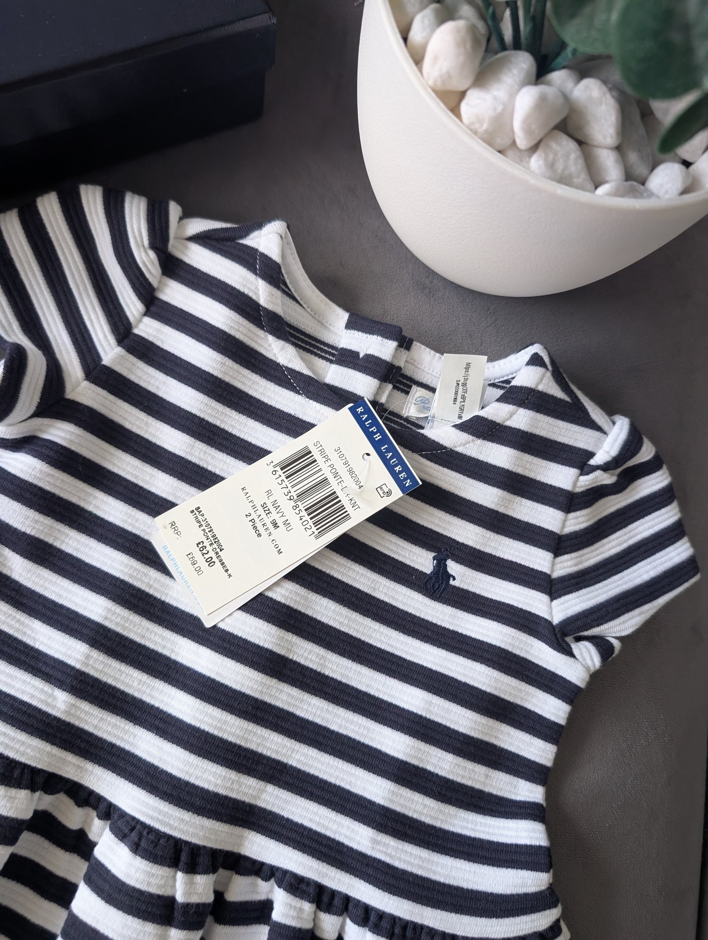 new polo Ralph Lauren French Navy/White Stripe dress Girls Age 6-9M ribbed smart