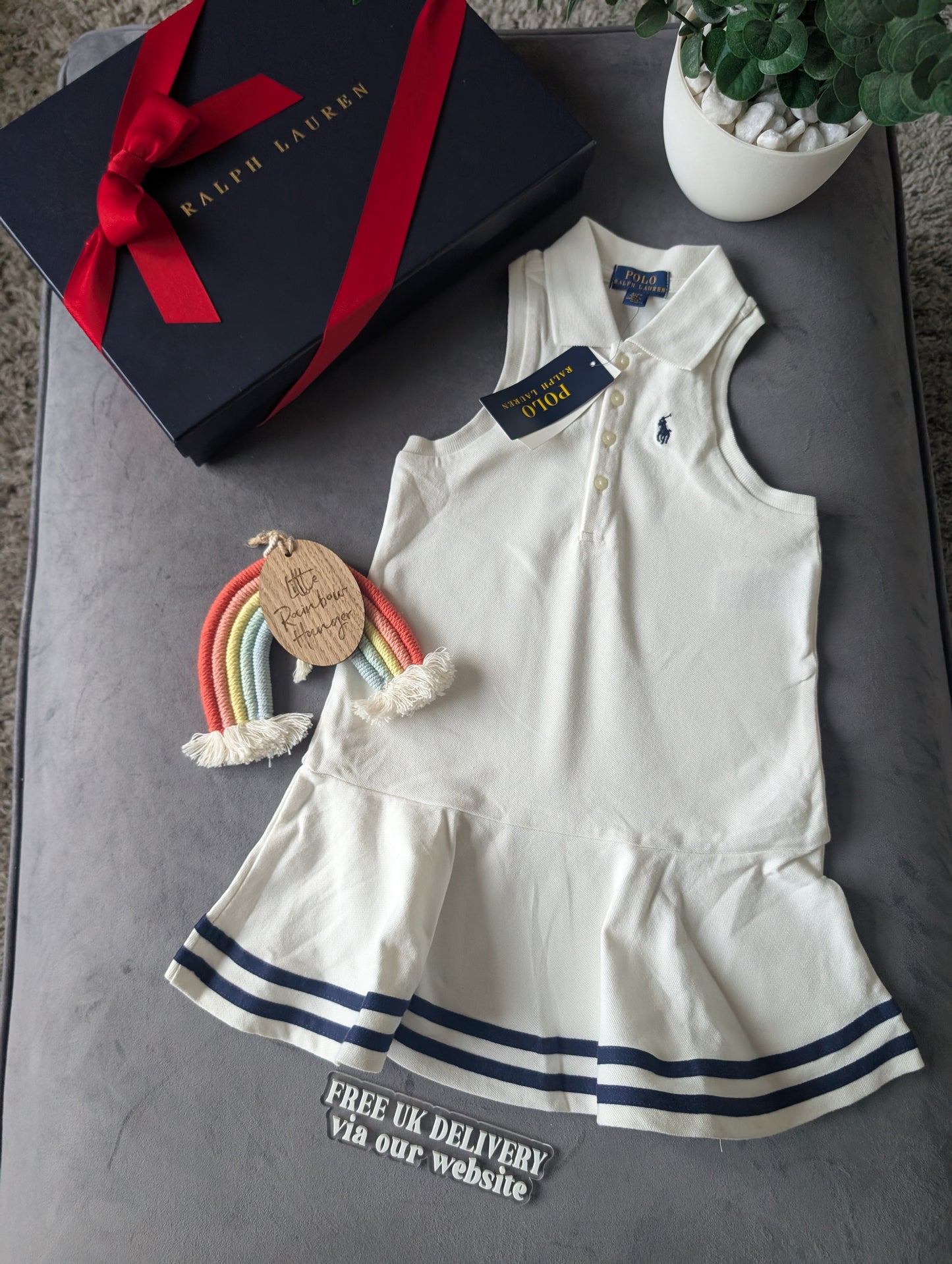 New Ralph Lauren Girls White Navy Stripe Polo Frill Sleeveless Dress Gift Age 4