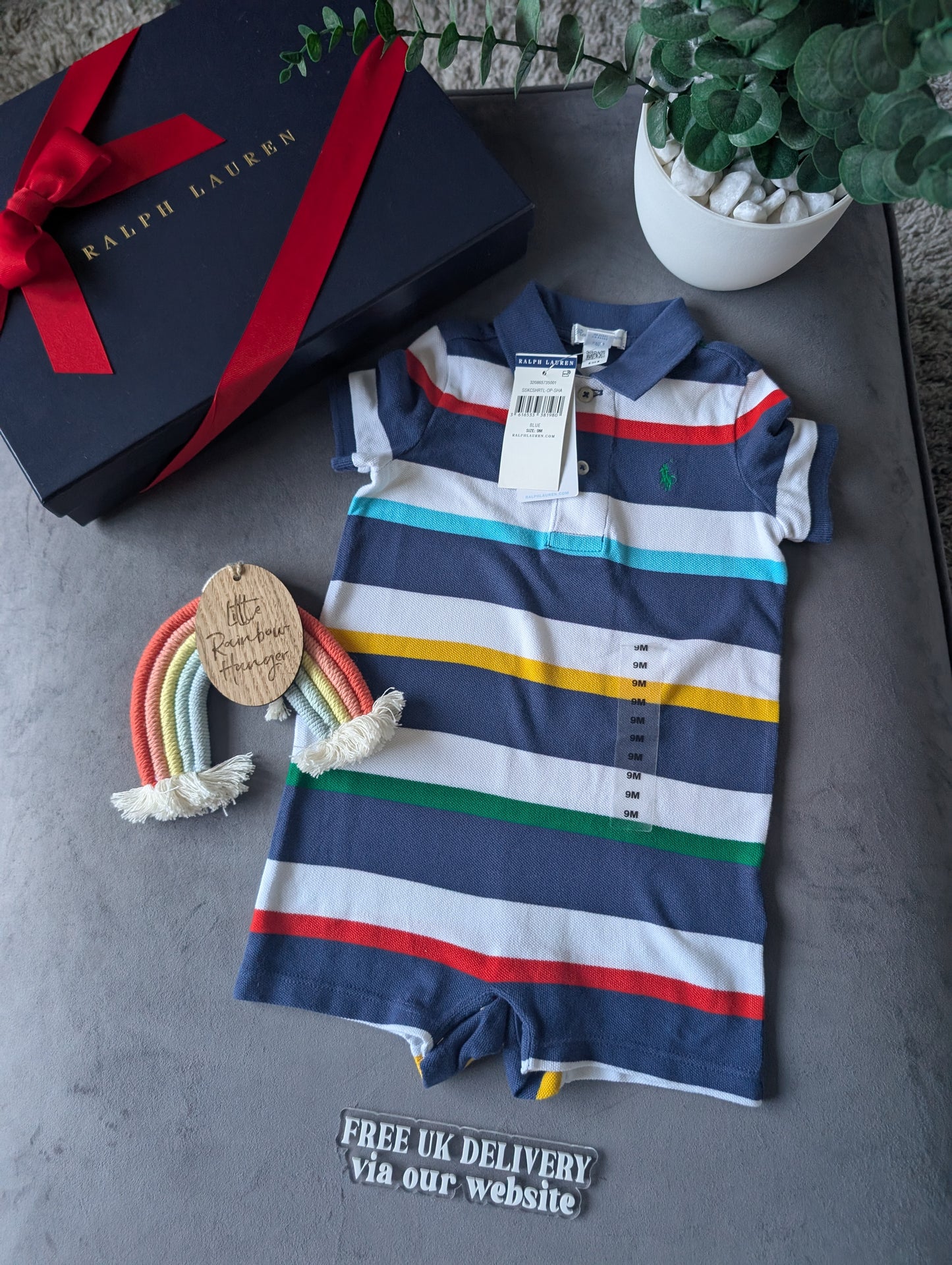 New Ralph Lauren Baby Boy Navy Blue Stripe Romper 6-9m Gift Cute Baby Summer