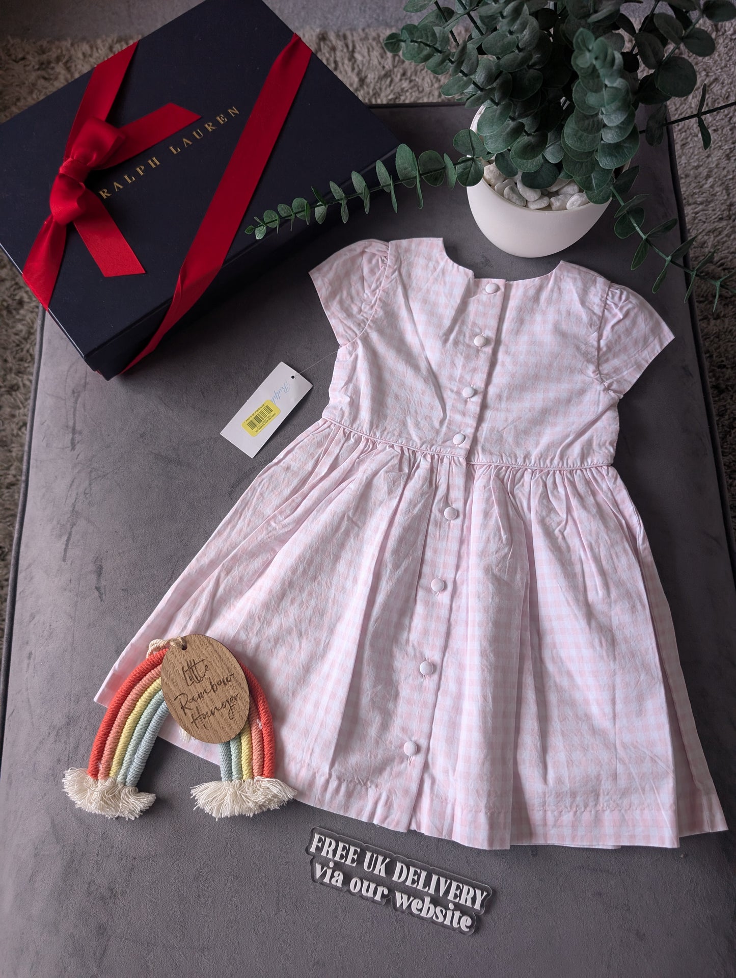 New Ralph Lauren Pink Gingham Checked Pretty Button Back Dress 12-18m Summer