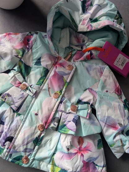 New Ted Baker Gorgeous Teal Floral Rain Coat Fleece Lined Floral Gift 0-3 Pretty