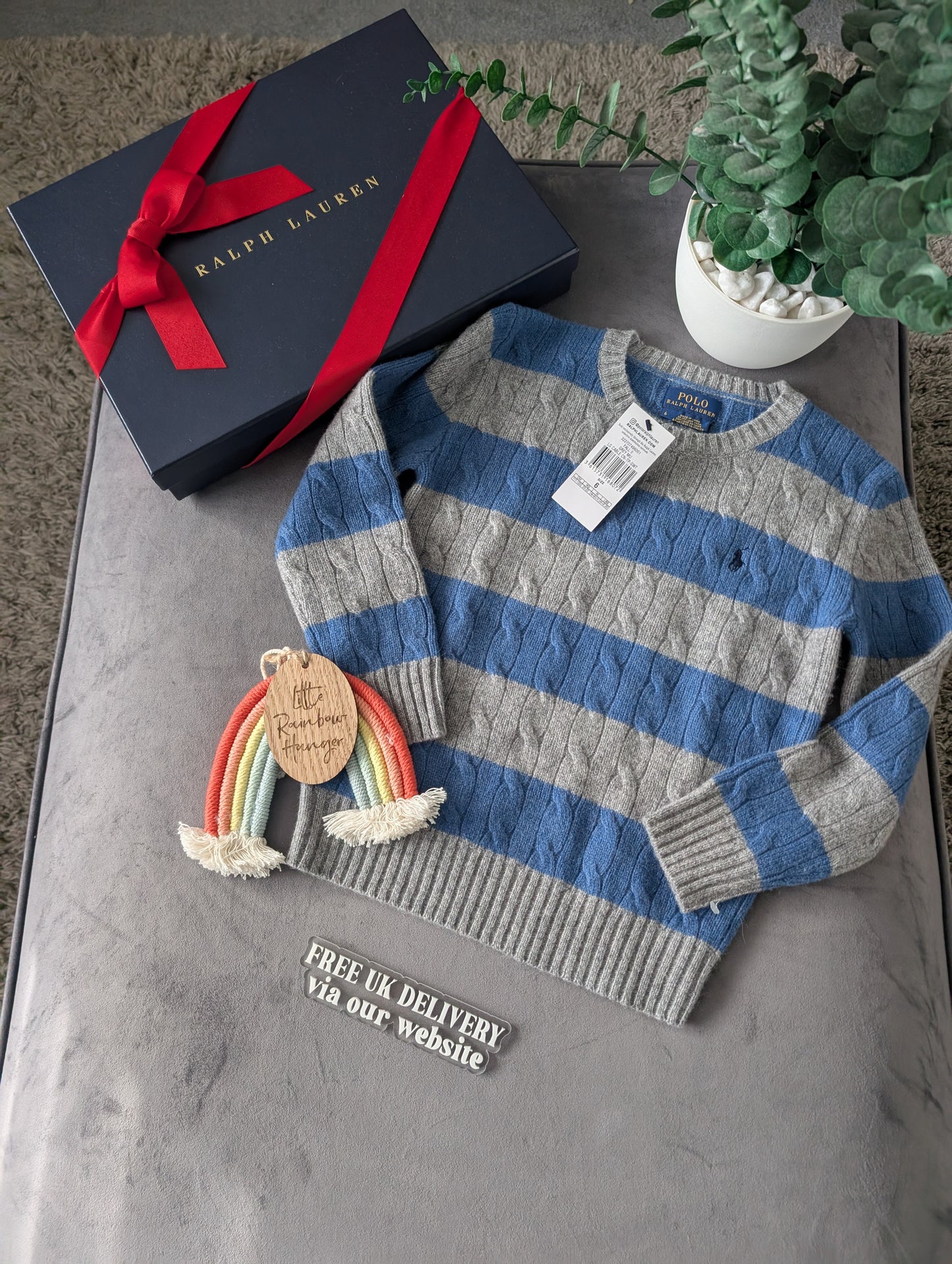 New Boys Ralph Lauren Blue Grey Stripe Cable knit jumper Cashmere Blend 5-6yr