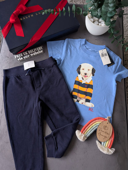 New Ralph Lauren Boys Gorgeous Joggers + Blue Dog T Shirt Outfit Set Smart 2yrs