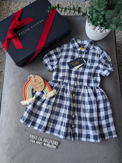 New Ralph Lauren Girls Gingham Navy White Check Dress Occasion Gift 2yrs Pretty