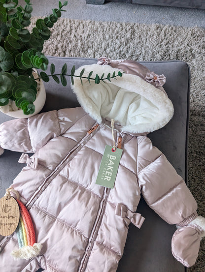 Ted Baker Silver Padded Ruffle Trim Snowsuit & Mittens Set Age 3-6mths BNWT £54