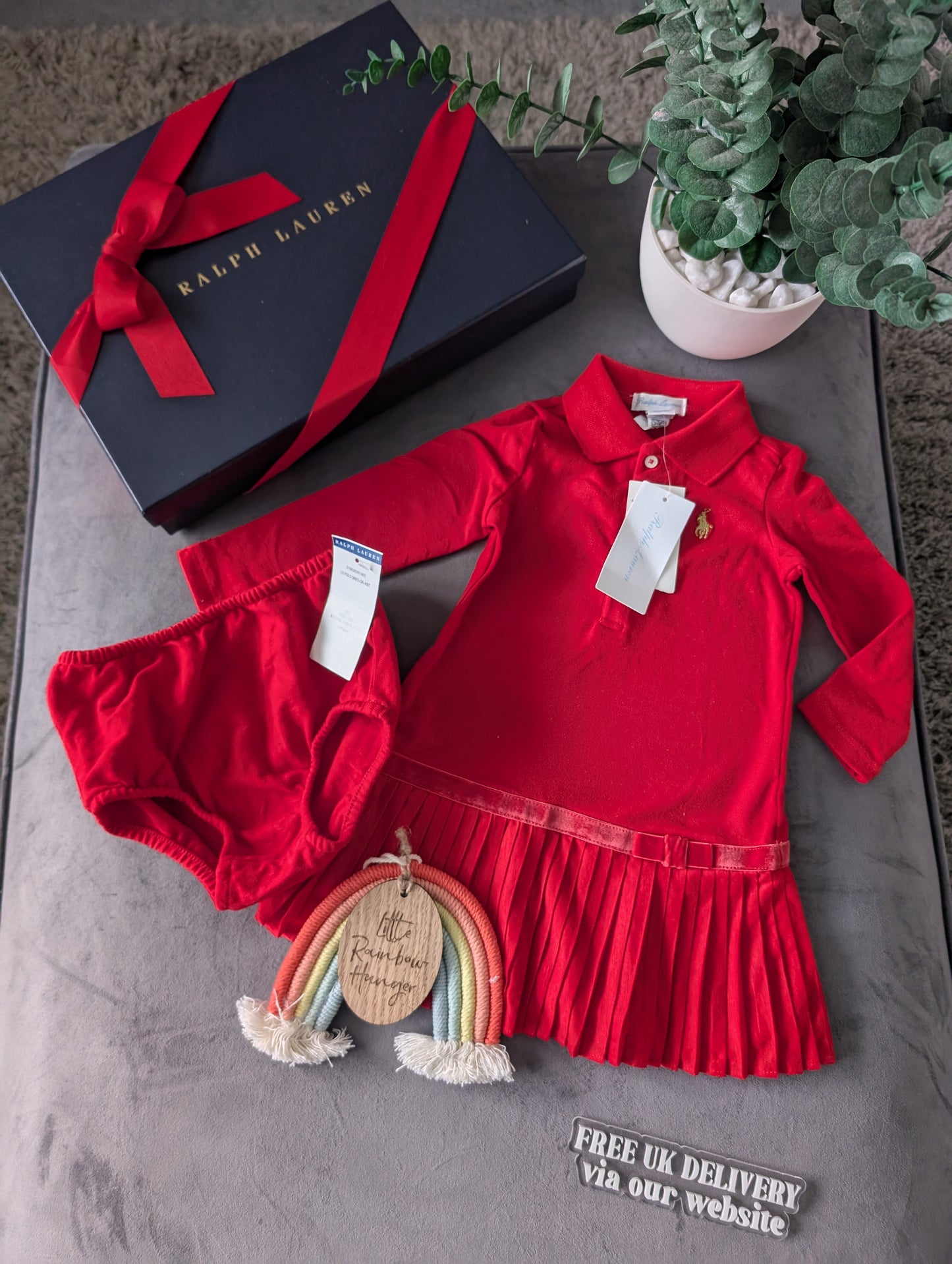 New Ralph Lauren Pleated shirt dress Red Bow 9-12m Occasion Formal Tennis Gift