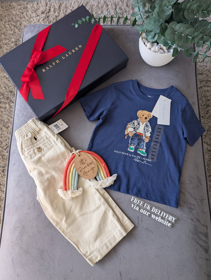 New Polo Ralph Lauren Cute Bear Navy Polo Bear  T-Shirt + Chino Outfit 18m Gift