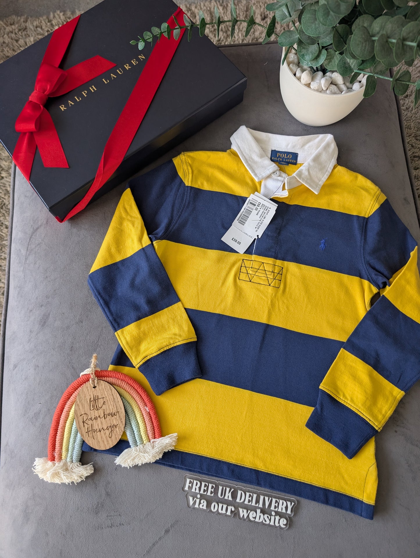 New Ralph Lauren Boys Rugby Style Stripe Long Sleeve Polo Yellow Navy 6 y Boys