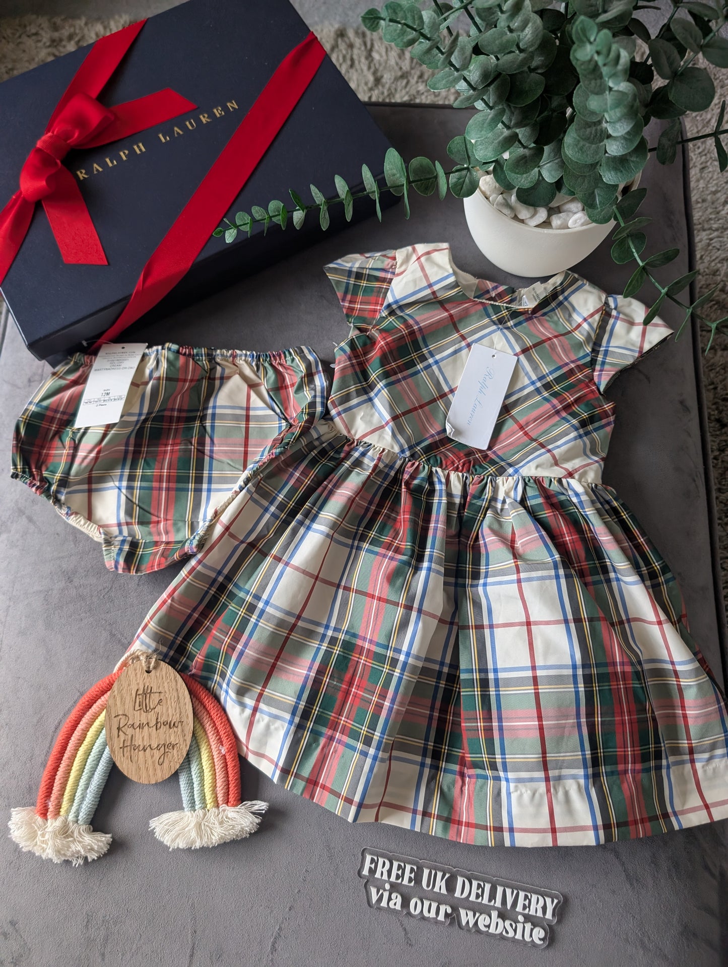 New Ralph Lauren Girls Tartan Plaid Pretty Black Vincenza Dress Ivory Gift 9-12m