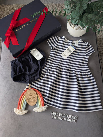 new polo Ralph Lauren French Navy/White Stripe dress Girls Age 6-9M ribbed smart