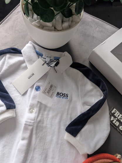 New Hugo Boss Baby Boy Ivory Blue Romper All In One 9-12m £75 Gift Smart Velour