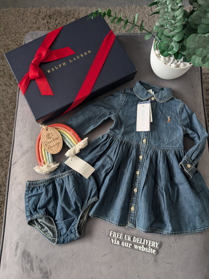 New Ralph Lauren girls denim style shirt dress occasion 6-9m Baby Gift £90