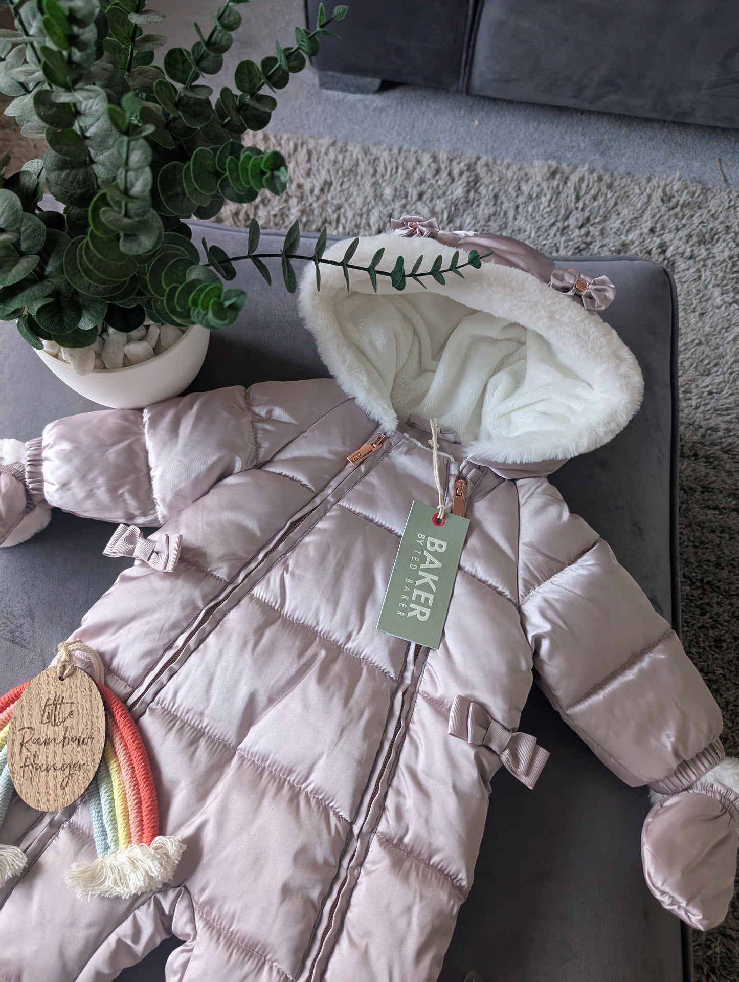 Ted Baker Silver Padded Ruffle Trim Snowsuit & Mittens Set Age 3-6mths BNWT £54