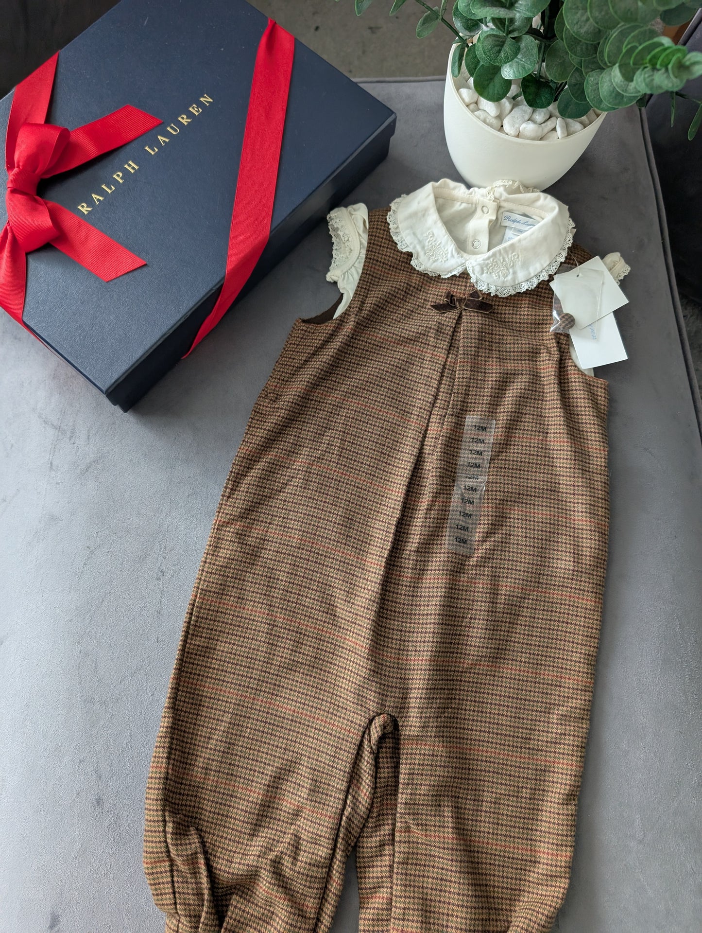 New Gorgeous Ralph Lauren Baby Girls 2-Piece Brown Check Dungaree Gift 9-12M