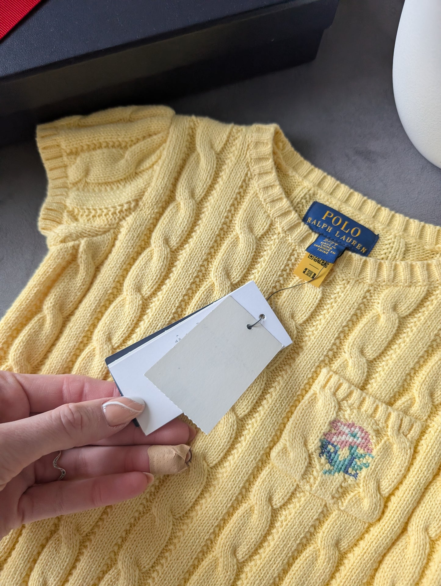 New Polo by Ralph Lauren Cable Knit Jumper Lemon Girls 2 Yr Floral Spring Yellow