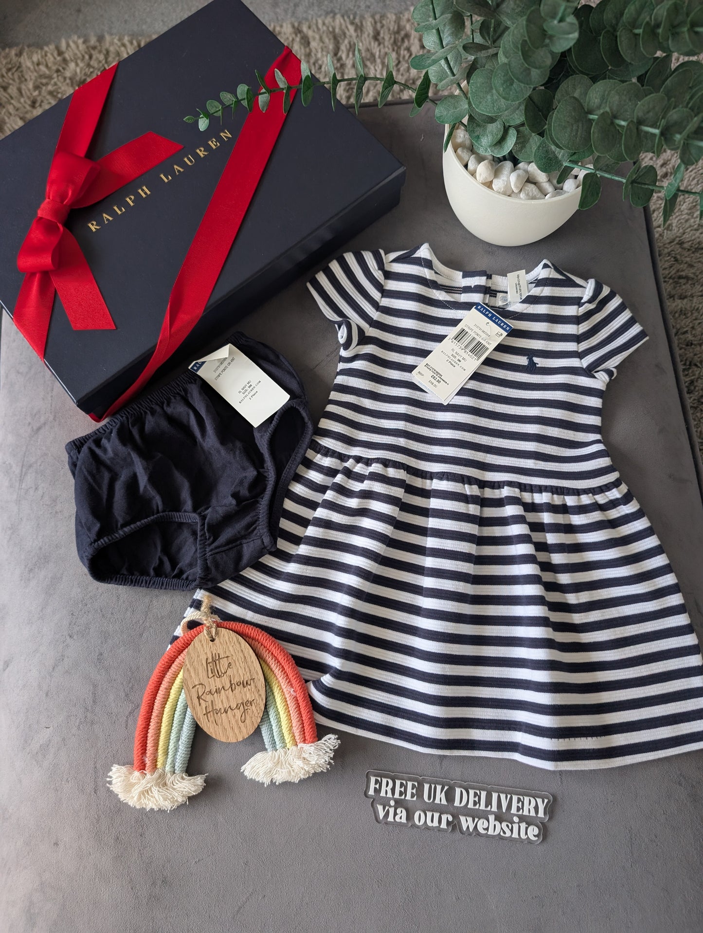 new polo Ralph Lauren French Navy/White Stripe dress Girls Age 6-9M ribbed smart