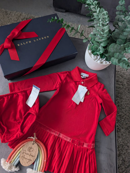 New Ralph Lauren Pleated shirt dress Red Bow 9-12m Occasion Formal Tennis Gift