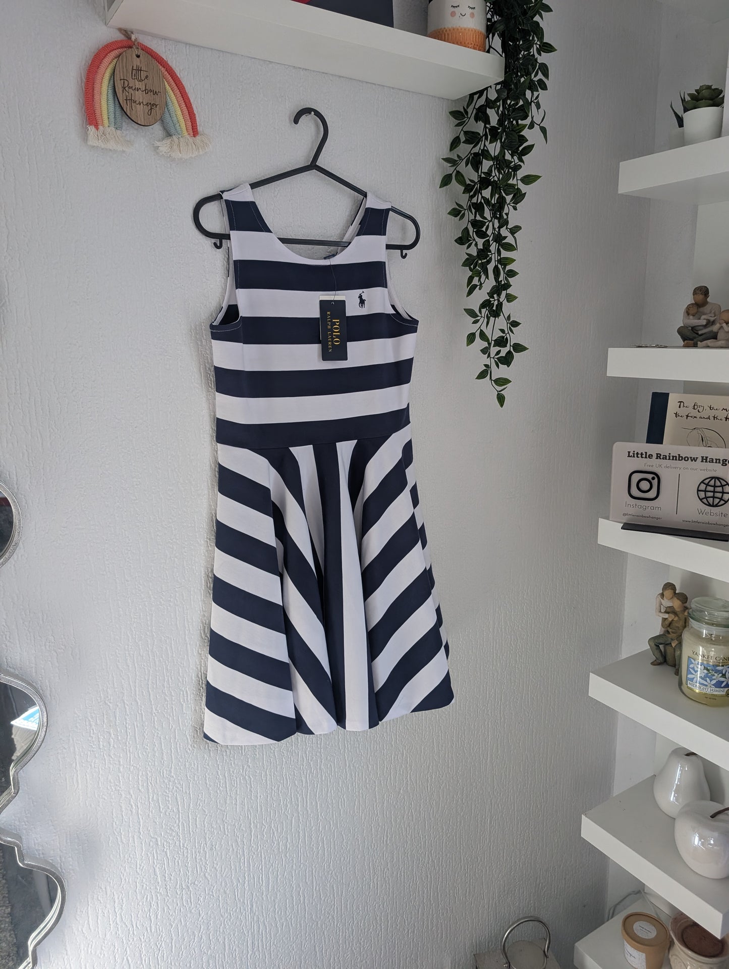 New Ralph Lauren Girls Navy White Stripe Sleeveless Swing Dress 10-11y Summer