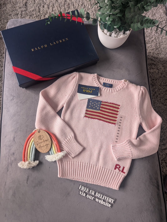 new gift boxed Polo Ralph Lauren baby pink American flag jumper autumn girls age 6 gift