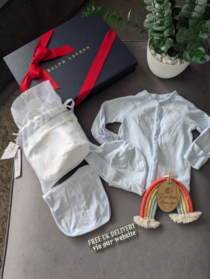 New Ralph Lauren Baby Boy Gift Set Basket Bear Romper Hat + Bib 3-6 Gift 4pc