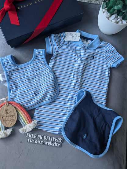 New Ralph Lauren Baby Boy Navy Blue Stripe Romper 6-9m Gift Cute Baby + 2 x Bibs