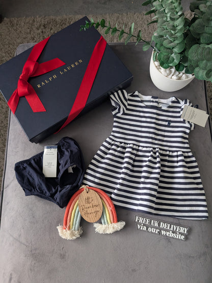 new polo Ralph Lauren French Navy/White Stripe dress Girls Age 0-3M ribbed smart