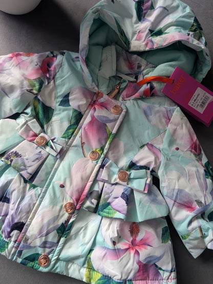 New Ted Baker Gorgeous Teal Floral Rain Coat Fleece Lined Floral Gift 0-3 Pretty