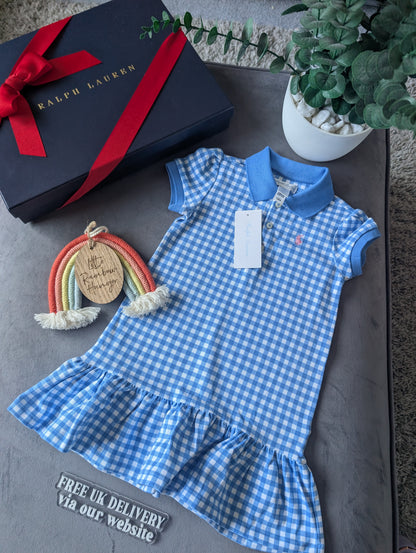 New Ralph Lauren Girls Blue Checked Polo Frill Summer Cute Dress Gift 18-24m