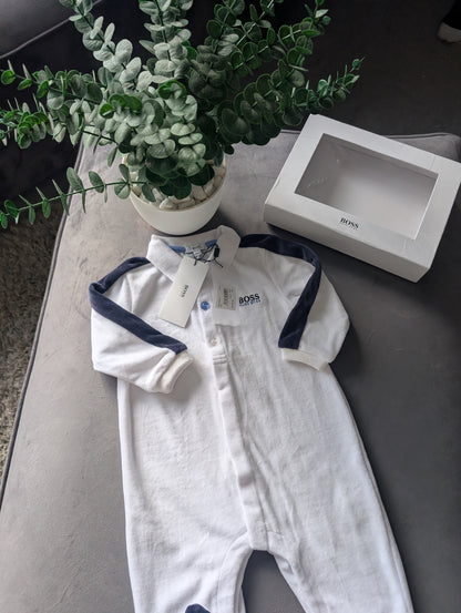 New Hugo Boss Baby Boy Ivory Blue Romper All In One 9-12m £75 Gift Smart Velour