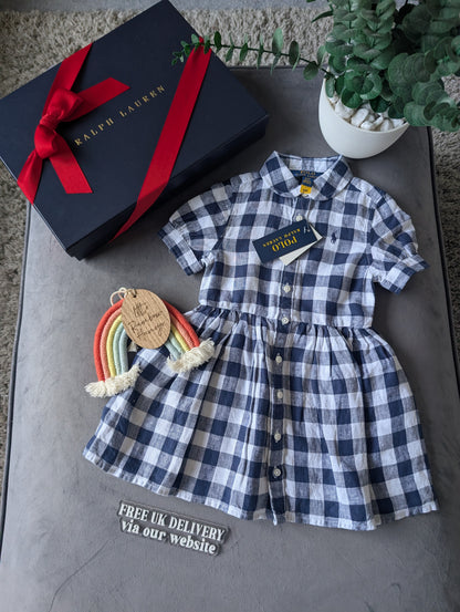 New Ralph Lauren Girls Gingham Navy White Check Dress Occasion Gift 2yrs Pretty